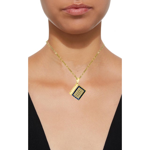 Sapphire & Diamond Photo Frame Book Pendant 8 Mother of Pearl Leaves 18K Gold For Sale - Image 17 of 18