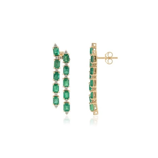 Metal 3.94ct Emerald Diamond Long Double Dangle Drop Earrings in 14k Yellow Gold- A Pair For Sale - Image 7 of 12