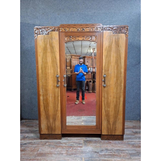 Art Deco Style Three-Door Mirrored Wardrobe in Fruitwood Veneer, 1930s For Sale - Image 10 of 10