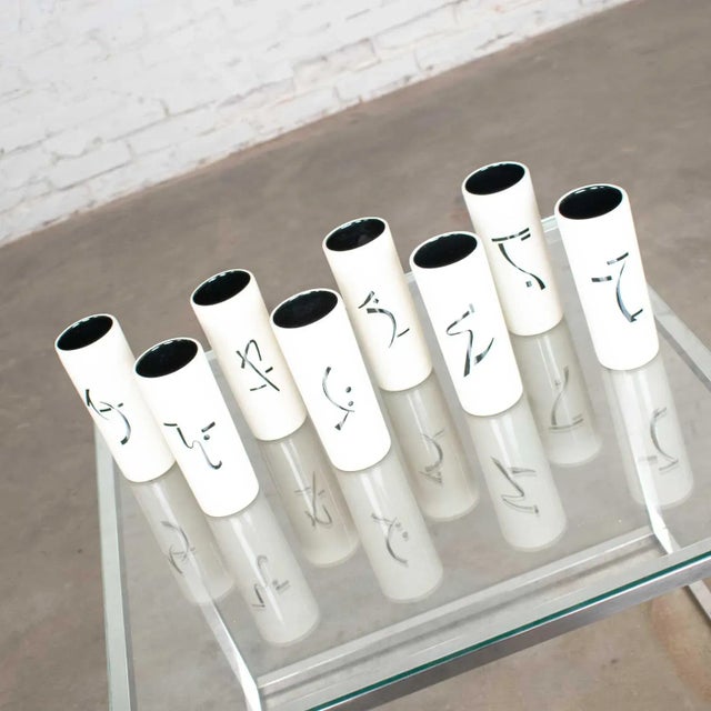 Mid-Century Modern Vintage Mid-Century Modern Tumblers or Vases Ceramic White & Black With Asian Symbols, Set 8 For Sale - Image 3 of 13