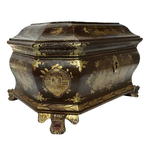 Antique Louis XV Chinese Gilt Lacquerware Tea Caddy Box W/Carved Dragon Feet For Sale - Image 6 of 12
