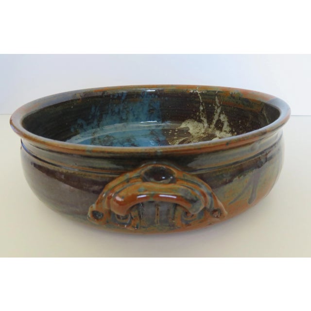 Late 20th Century Late 20th Century Signed Vintage Hand-Made Glazed Pottery Bowl With Handle Rustic Colors For Sale - Image 5 of 9