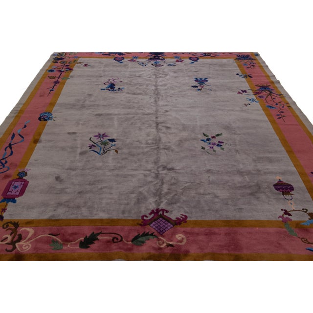 Art Deco 20th Century Antique Art Deco Handmade Gray Chinese Wool Rug With Floral Design For Sale - Image 3 of 11