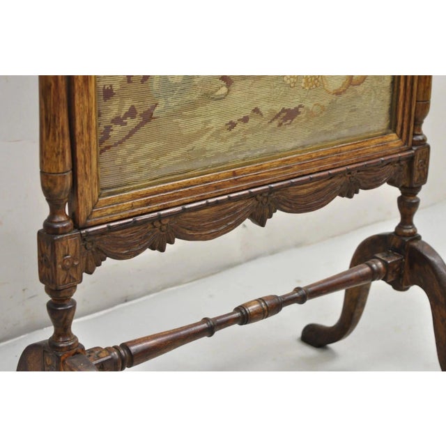 Antique French Victorian Carved Walnut and Needlepoint Fireplace Screen For Sale - Image 4 of 12