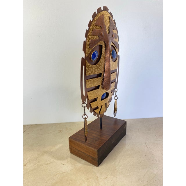 Mexican Vintage Christian Luis Gómez Chile Brass & Copper Mask Sculpture, Lapis Lazuli For Sale - Image 3 of 11