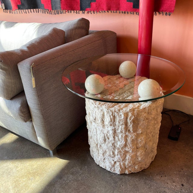 80's Postmodern Vintage Side Table with 3 Orbs on a Column Base, in Tesselated Mactan Stone.