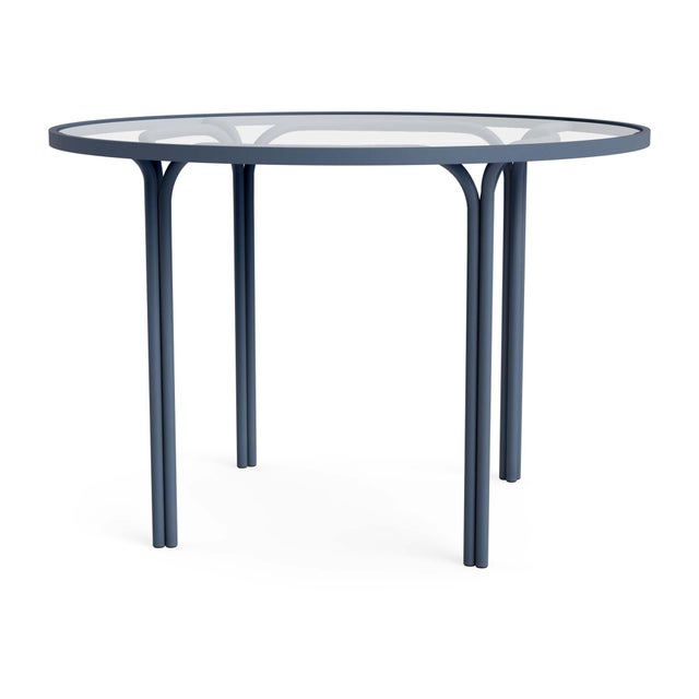 Brown Jordan Kantan Aluminum 42" Round Dining Table - Glass Top in Sapphire For Sale
