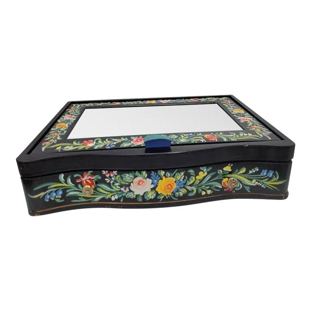 Vintage Made in Japan Tole Style Hand Painted Jewelry Box With Pop-up Vanity Mirror For Sale