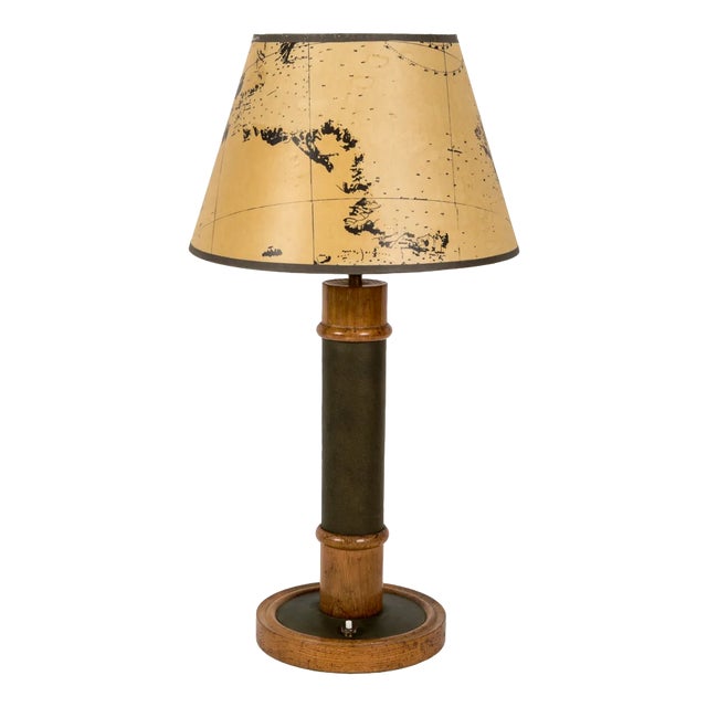 Oak and Leather Table Lamp in the Style of Paul Duprè-Lafon, 1950s For Sale