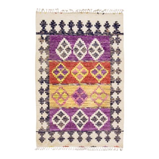 Modern Beige Moroccan Handmade Wool Rug With Allover Geometric Design For Sale
