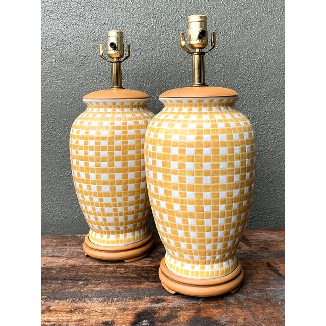 Vintage Glazed Ceramic Grid Lamps - A Pair For Sale In West Palm - Image 6 of 12