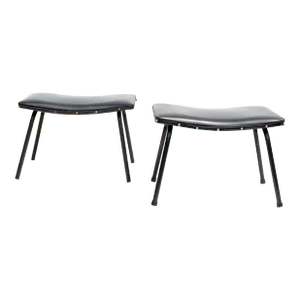 Pair - Pierre Guariche French Black Benches Steel & Distressed Faux Leather 1960