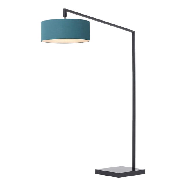 Stretch 75"h 1-Light Chairside Arc Lamp, Turquoise Linen Shade, Black Body, Dimmable, for Living Room or Bedroom For Sale