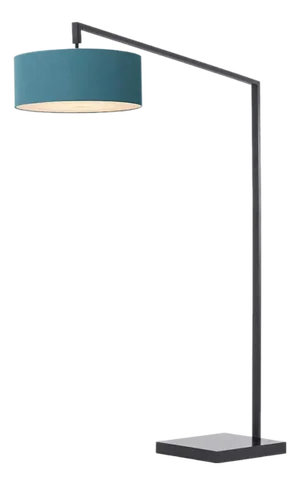 Stretch 75"h 1-Light Chairside Arc Lamp, Turquoise Linen Shade, Black Body, Dimmable, for Living Room or Bedroom