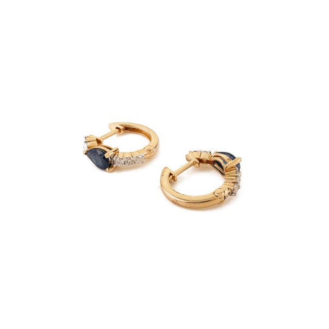 Metal 14k Gold Vibrant Sapphire & Diamond Chic Huggie Hoop Earrings- A Pair For Sale - Image 7 of 12