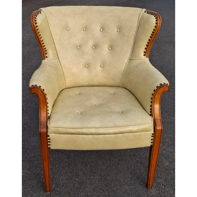Pair Mid 20th Century Mahogany and Tufted Vinyl Upholstered Wingback Chairs For Sale - Image 9 of 14