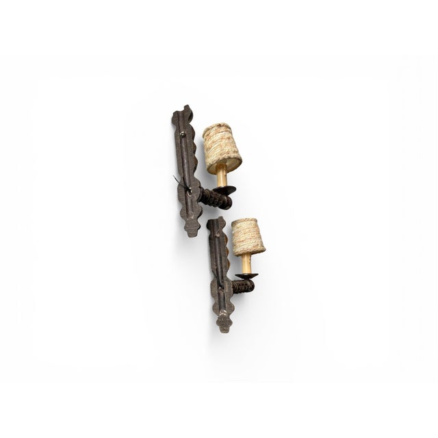 Beige Turned Wood Wall Sconces in the style of Dudouyt, 1940, Set of 2 For Sale - Image 8 of 10