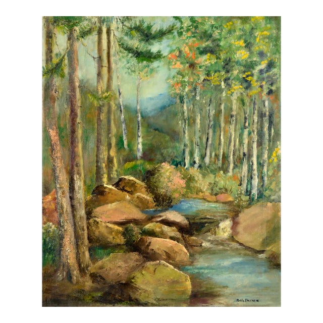 Mid Century Forest Stream Landscape With Birch Trees and Boulders by Portia Barnes For Sale