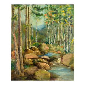 Mid Century Forest Stream Landscape With Birch Trees and Boulders by Portia Barnes