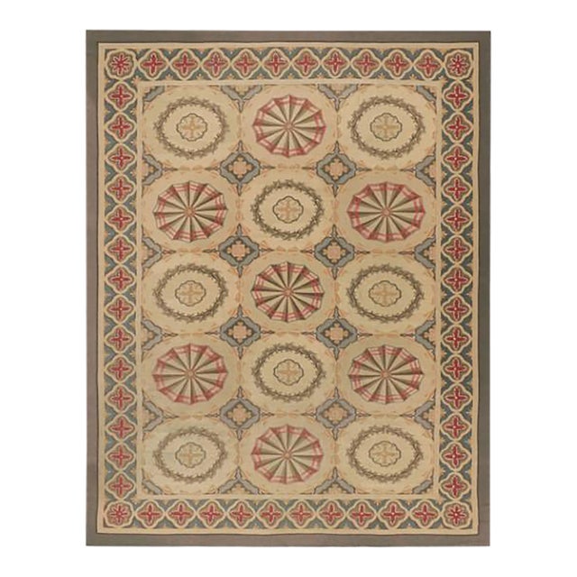 Vintage French Aubusson Rug in Beige With Geometric Medallions - Rug & Kilim For Sale