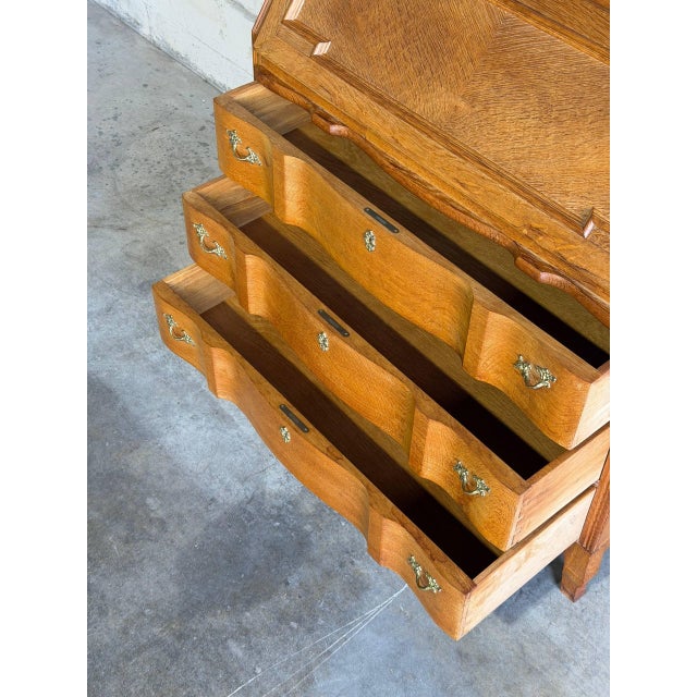 Oak Slant-Front Bureau Writing Desk With Storage Mid-Century Modern 1970s For Sale - Image 9 of 11