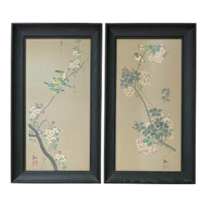 Framed Chinese Silk Bird and Botanicals Paintings, a Pair