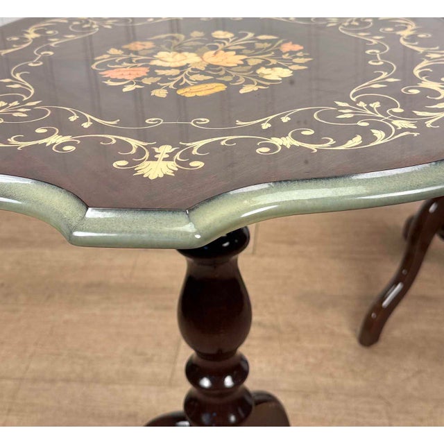 Wood Vintage Italian Rococo Floral Marquetry Fruitwood TurtleTop Side Tables - A Pair For Sale - Image 7 of 10