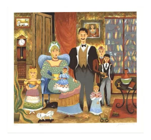 1985 Lee Dubin 'Family Portrait' Folk Art Multicolor,Brown,Orange,Blue,Pink,Green,Gray Usa Lithograph