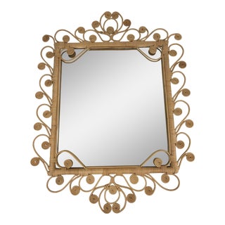 1970s Boho Chic Curled Wicker Wall Mirror For Sale