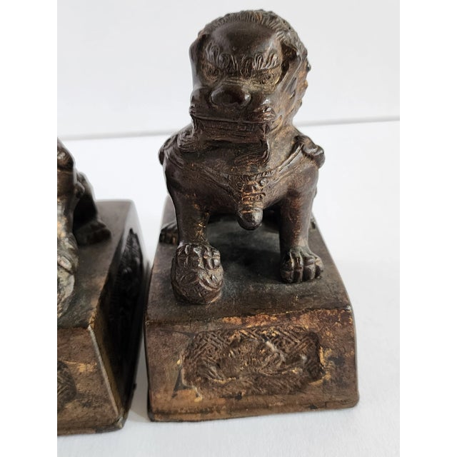 Metal Antique Gilt Bronze Chinese Foo Dogs-A Pair For Sale - Image 7 of 12
