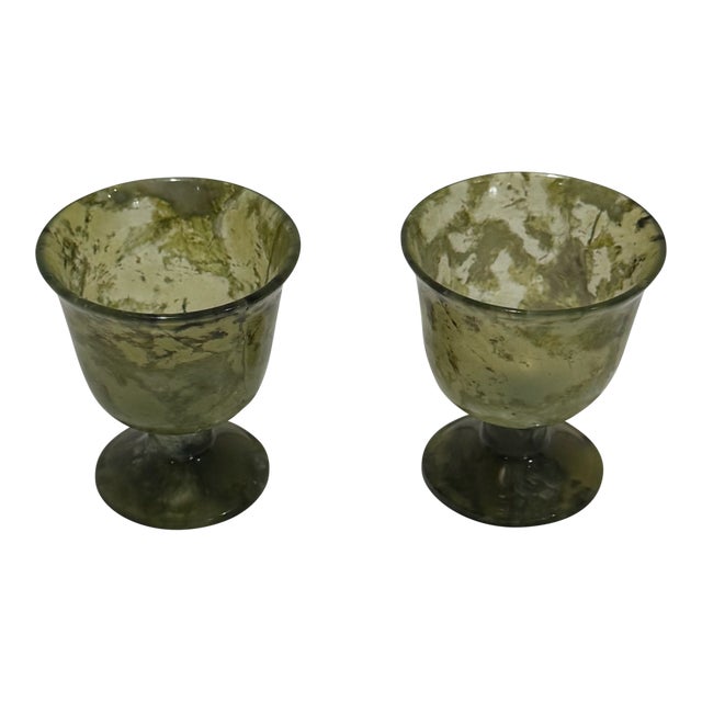 Pair of Translucent Celadon & Spinach Jade Cups – Chinese For Sale