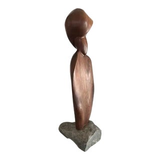 Mid Century Wood and Stone Sculpture, Decorative Object For Sale