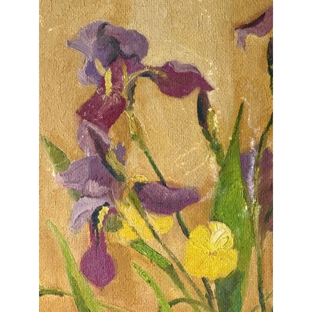 Early 20th Century Art Deco Still Life of Irises and Tulips With Bird, Oil on Board, Framed For Sale - Image 9 of 13