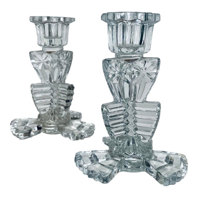 Early 20th Century Pressed Glass Candlesticks- a Pair For Sale