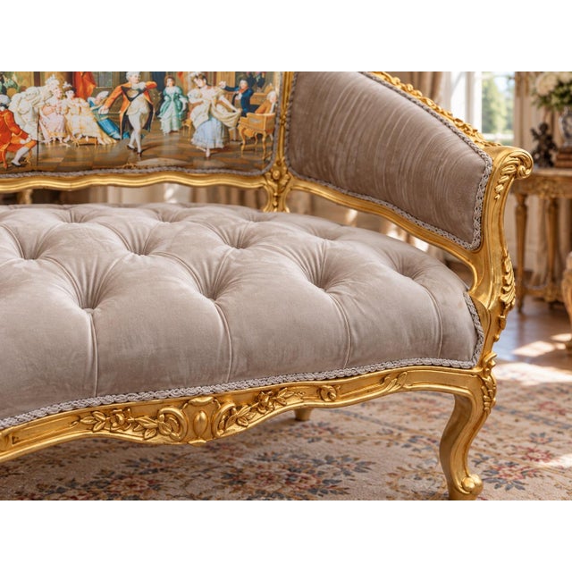 1975 French Artisan Louis XVI Gold Velvet Settee For Sale - Image 4 of 8