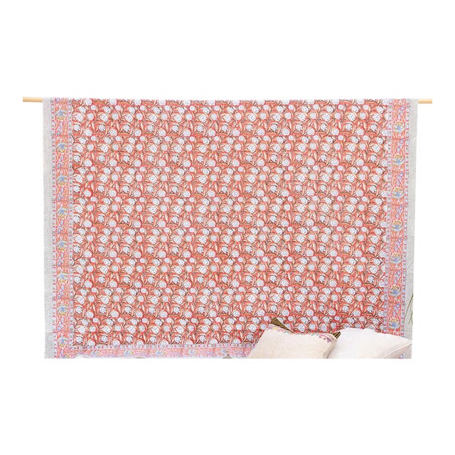 Sunset Bloom, Hand Blockprint Cotton Coverlet For Sale