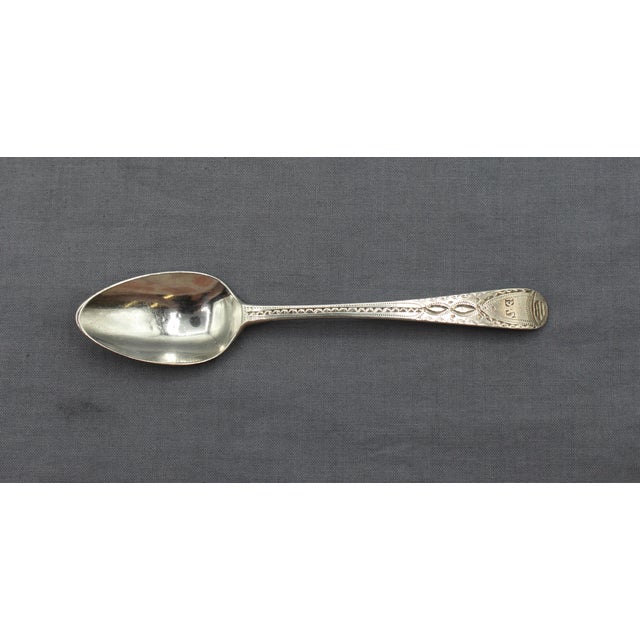 Set of 6 sterling silver teaspoons by Peter & Ann Bateman, London, 1798. Elegant, Old English Engraved pattern. Engraving...