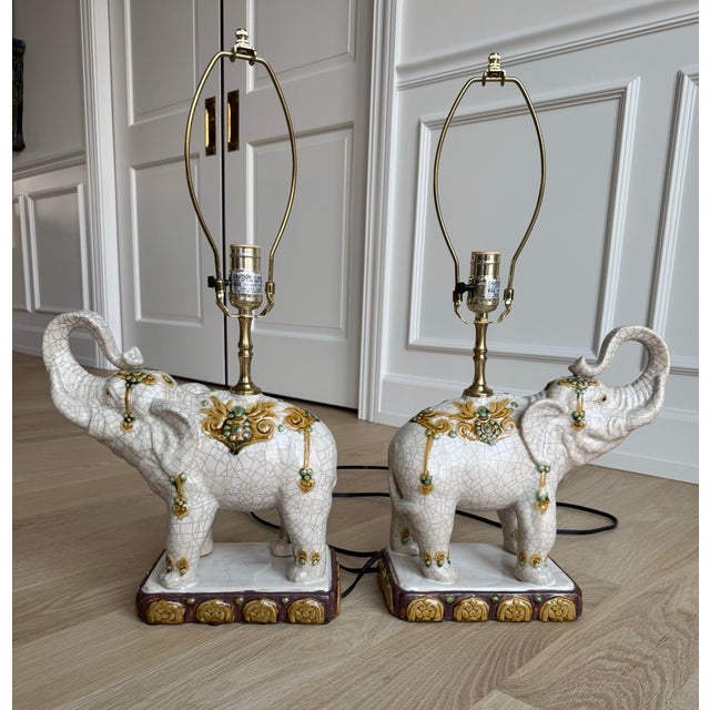 Vintage Hollywood Regency Ceramic Elephant Table Lamps - Chinoiserie Style - a Pair For Sale In Chicago - Image 6 of 8
