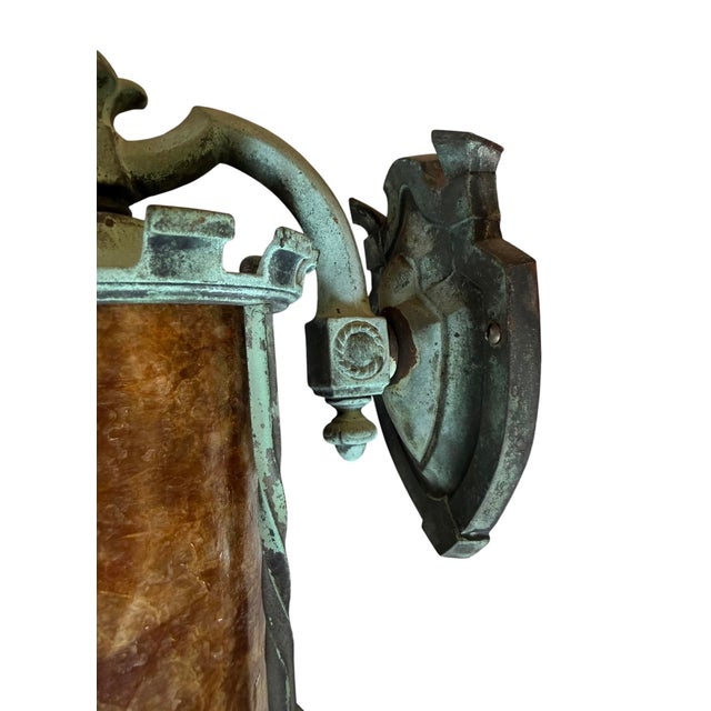Metal Early 20th Century Original Verdigris Patina Bronze Outdoor Wall Sconce With Mica Shade For Sale - Image 7 of 10