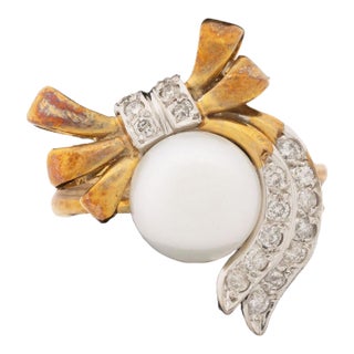 14k Two-Tone Gold, Diamond, and Pearl Bow-Form Cocktail Ring For Sale