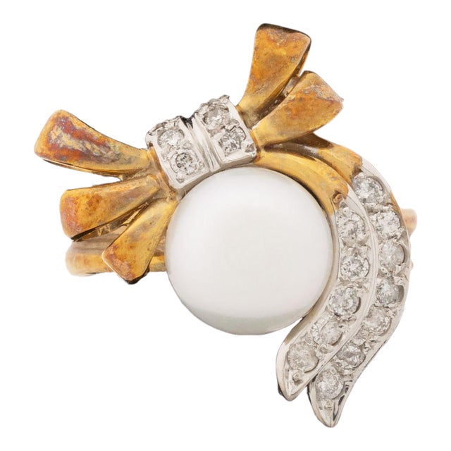 14k Two-Tone Gold, Diamond, and Pearl Bow-Form Cocktail Ring For Sale