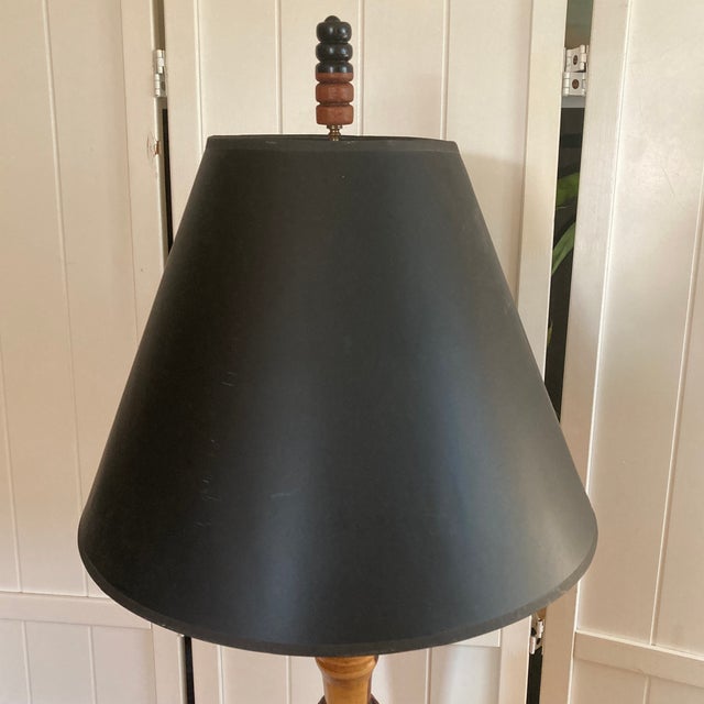 Brown 1970s Artist Signed Mid-Century Modern Hand-Turned Marquetry Wood Lamp For Sale - Image 8 of 12