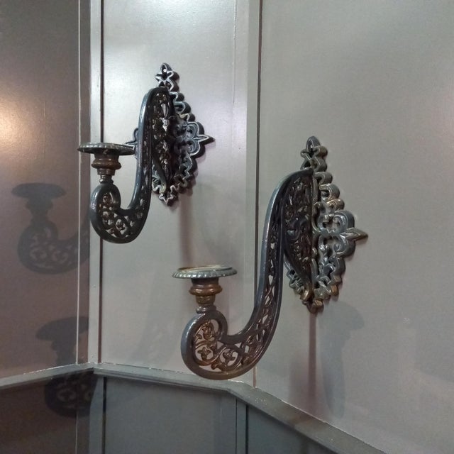Antique Neo-Gothic Wall Sconces in Cast-Iron, Set of 2 For Sale - Image 9 of 12