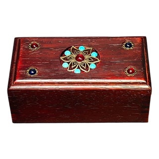 Rosewood Box With Turquoise & Gem Inlay - Chinese Jewelry Storage Chest For Sale