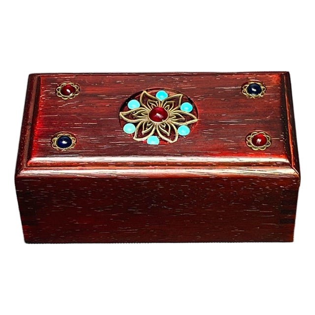 Rosewood Box With Turquoise & Gem Inlay - Chinese Jewelry Storage Chest For Sale