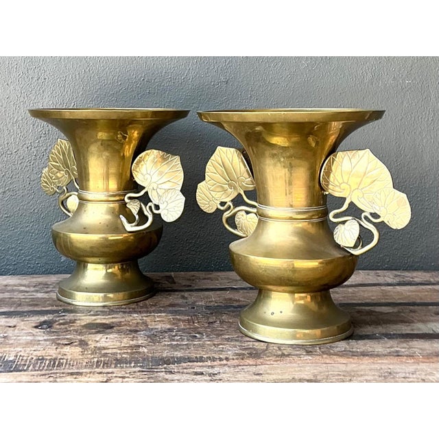 Vintage Brass Ginko Motif Vases - A Pair For Sale - Image 9 of 16