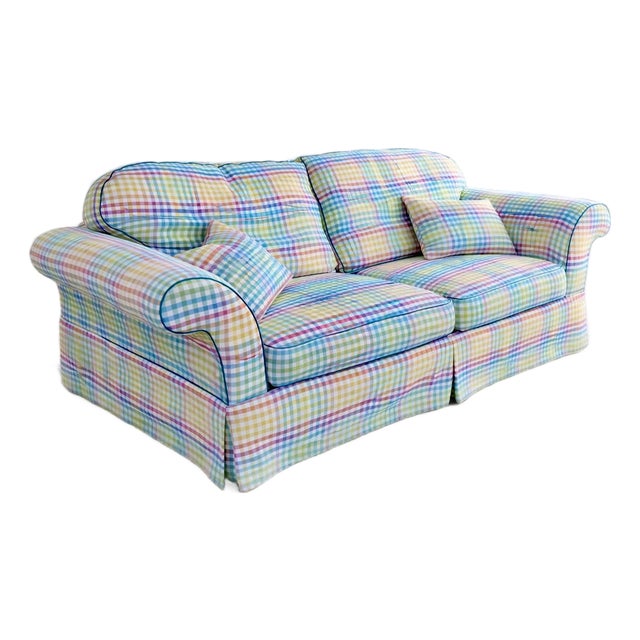 1990s Colorful Tailored Custom Upholstered English Roll Arm Style Sofa For Sale