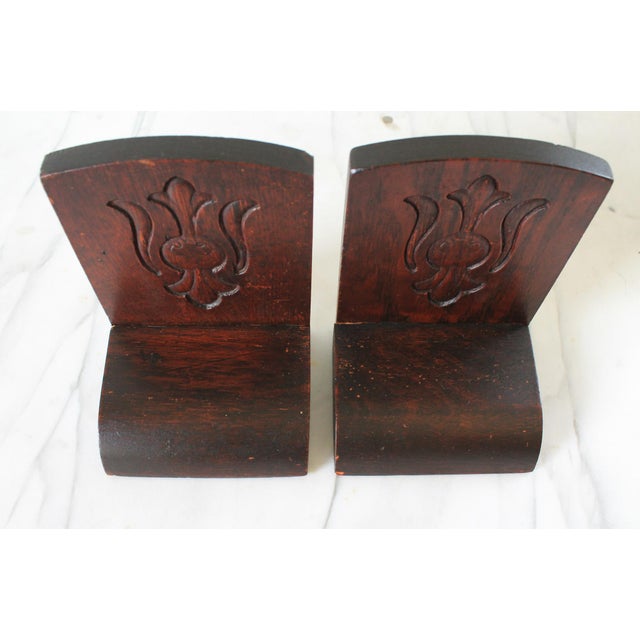 Arts & Crafts Vintage Hand Tooled Arts and Crafts Oak Wood Bookends For Sale - Image 3 of 11