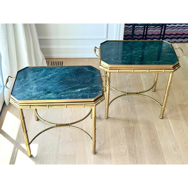 Vintage Pair of Italian Hollywood Regency Faux Bamboo Brass & Verde Marble Butler’s Tray Tables For Sale - Image 4 of 10