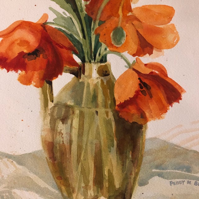 Paper Original Vintage Watercolor Poppy Still Life Painting Signed 1970’s For Sale - Image 7 of 8